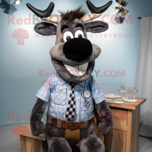 Black Reindeer mascot costume character dressed with a Chambray Shirt and Ties