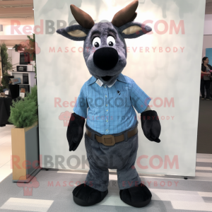 Black Reindeer mascot costume character dressed with a Chambray Shirt and Ties