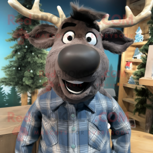 Black Reindeer mascot costume character dressed with a Chambray Shirt and Ties
