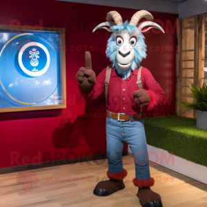 Maroon Goat mascot costume character dressed with a Denim Shirt and Bracelet watches