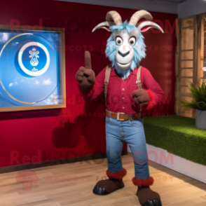 Maroon Goat mascot costume character dressed with a Denim Shirt and Bracelet watches