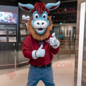 Maroon Goat mascot costume character dressed with a Denim Shirt and Bracelet watches