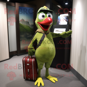 Olive Woodpecker mascot costume character dressed with a Rash Guard and Briefcases