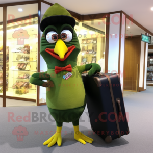 Olive Woodpecker mascot costume character dressed with a Rash Guard and Briefcases