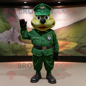 Forest Green Green Beret mascot costume character dressed with a Bodysuit and Hats