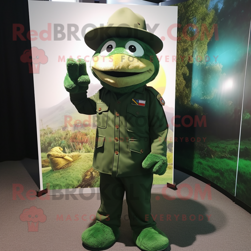 Forest Green Green Beret mascot costume character dressed with a Bodysuit and Hats