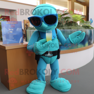 Cyan Marine Recon mascot costume character dressed with a Cocktail Dress and Reading glasses