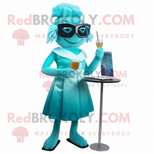 Cyan Marine Recon mascot costume character dressed with a Cocktail Dress and Reading glasses