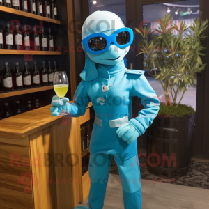 Cyan Marine Recon mascot costume character dressed with a Cocktail Dress and Reading glasses