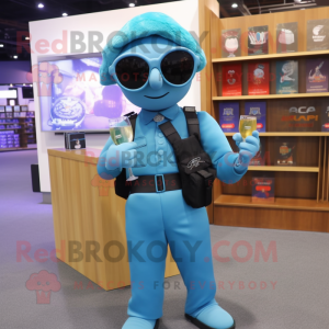 Cyan Marine Recon mascot costume character dressed with a Cocktail Dress and Reading glasses