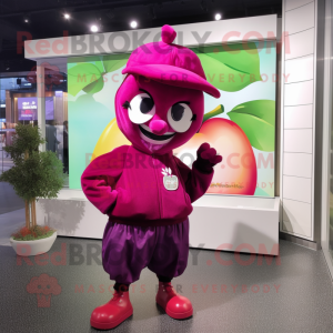 Magenta Apple mascot costume character dressed with a Windbreaker and Berets