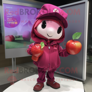 Magenta Apple mascot costume character dressed with a Windbreaker and Berets