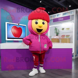 Magenta Apple mascot costume character dressed with a Windbreaker and Berets