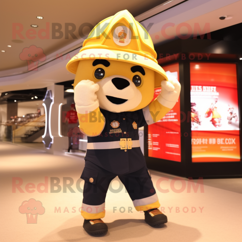 Gold Fire Fighter mascot costume character dressed with a Yoga Pants and Messenger bags