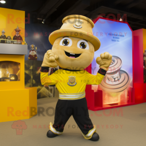 Gold Fire Fighter mascot costume character dressed with a Yoga Pants and Messenger bags