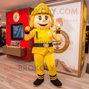 Gold Fire Fighter mascot costume character dressed with a Yoga Pants and Messenger bags