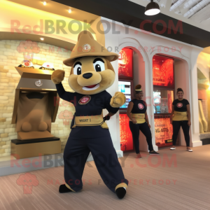 Gold Fire Fighter mascot costume character dressed with a Yoga Pants and Messenger bags
