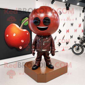 Rust Cherry mascot costume character dressed with a Leather Jacket and Cufflinks
