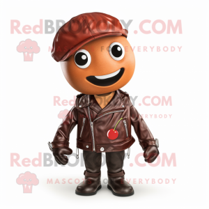 Rust Cherry mascot costume character dressed with a Leather Jacket and Cufflinks