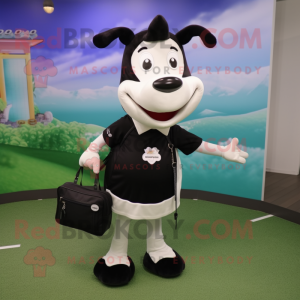 Black Holstein Cow mascot costume character dressed with a Midi Dress and Backpacks