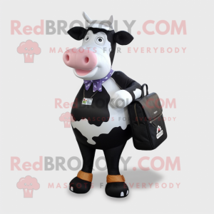 Black Holstein Cow mascot costume character dressed with a Midi Dress and Backpacks