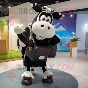 Black Holstein Cow mascot costume character dressed with a Midi Dress and Backpacks