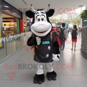 Black Holstein Cow mascot costume character dressed with a Midi Dress and Backpacks