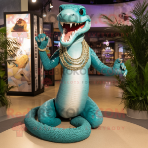 Teal Titanoboa mascot costume character dressed with a Bikini and Necklaces