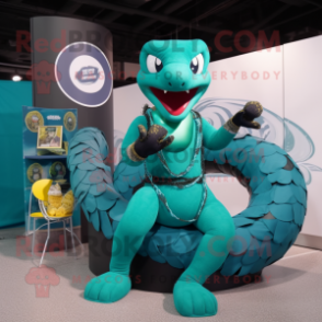 Teal Titanoboa mascot costume character dressed with a Bikini and Necklaces