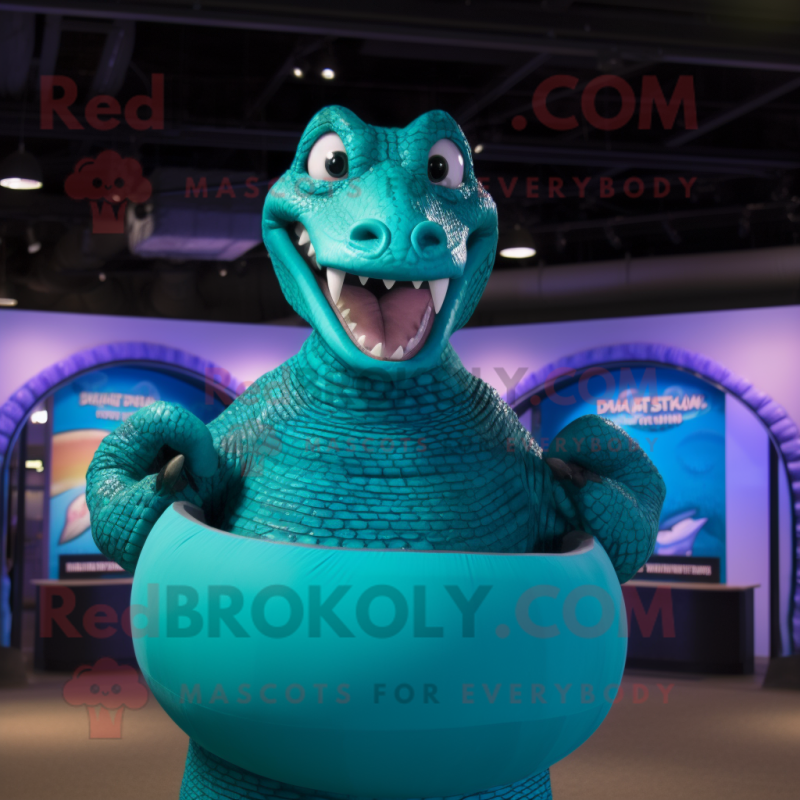 Teal Titanoboa mascot costume character dressed with a Bikini and Necklaces Teal Titanoboa mascot costume character dressed with a Bikini and Necklaces