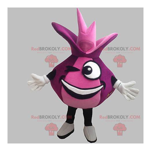 Mascote gigante e engraçado da cebola vermelha. Mascote rosa -