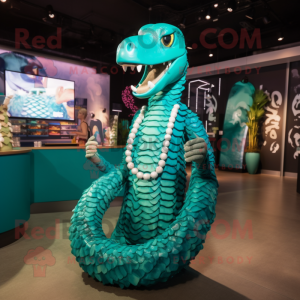Teal Titanoboa mascot costume character dressed with a Bikini and Necklaces