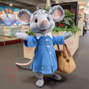Blue Rat mascot costume character dressed with a Dress and Tote bags