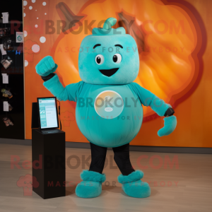 Turquoise Pumpkin mascot costume character dressed with a V-Neck Tee and Digital watches