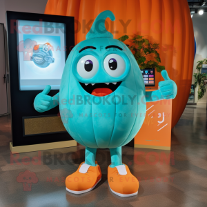 Turquoise Pumpkin mascot costume character dressed with a V-Neck Tee and Digital watches