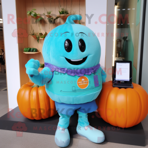 Turquoise Pumpkin mascot costume character dressed with a V-Neck Tee and Digital watches