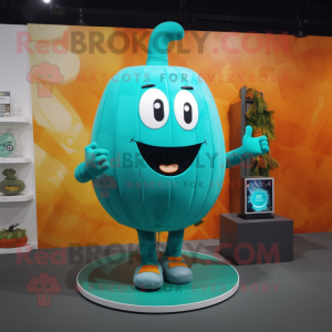 Turquoise Pumpkin mascot costume character dressed with a V-Neck Tee and Digital watches