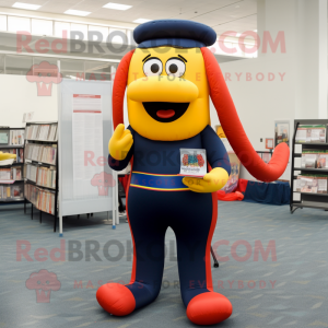 Navy Hot Dog mascot costume character dressed with a Leggings and Reading glasses