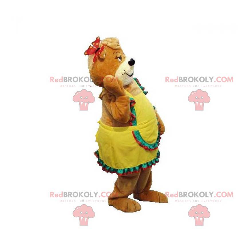 Mascote de pelúcia marrom com vestido amarelo - Redbrokoly.com