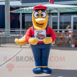 Navy Hot Dog mascot costume character dressed with a Leggings and Reading glasses