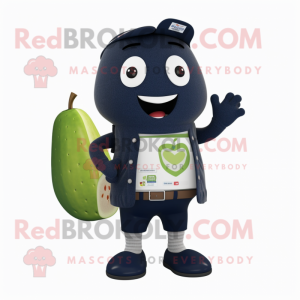 Navy Zucchini mascot costume character dressed with a Cardigan and Wallets