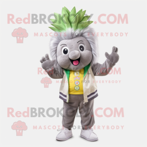 Gray Pineapple mascot costume character dressed with a Windbreaker and Hair clips