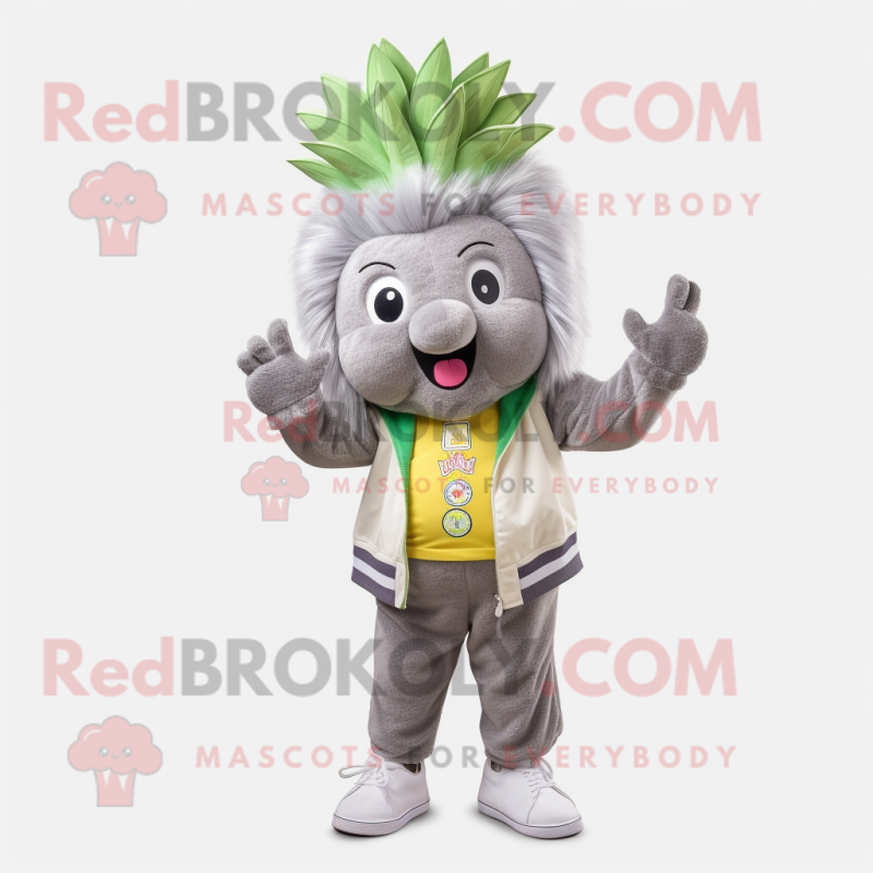 Gray Pineapple mascot costume character dressed with a Windbreaker and Hair clips Gray Pineapple mascot costume character dressed with a Windbreaker and Hair clips