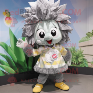 Gray Pineapple mascot costume character dressed with a Windbreaker and Hair clips