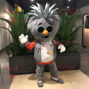 Gray Pineapple mascot costume character dressed with a Windbreaker and Hair clips