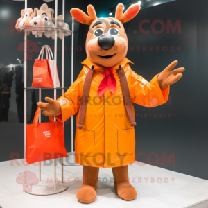 Orange Reindeer mascot costume character dressed with a Raincoat and Tote bags