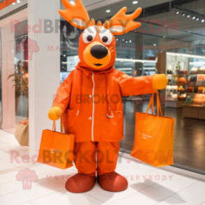 Orange Reindeer mascot costume character dressed with a Raincoat and Tote bags