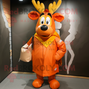 Orange Reindeer mascot costume character dressed with a Raincoat and Tote bags