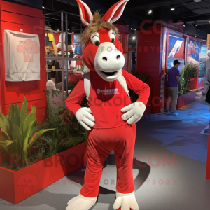 Red Donkey mascot costume character dressed with a Tank Top and Shoe laces