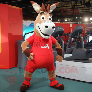Red Donkey mascot costume character dressed with a Tank Top and Shoe laces